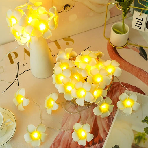 Plumeria Hawaii Flower LED String Light | Artificial Foam Hawaii Flower Garland | Rice Fairy Lights for Mandir, Pooja Room, Wedding, Birthday, Aesthetic Decor (Acrylic, 1.5 Meter)