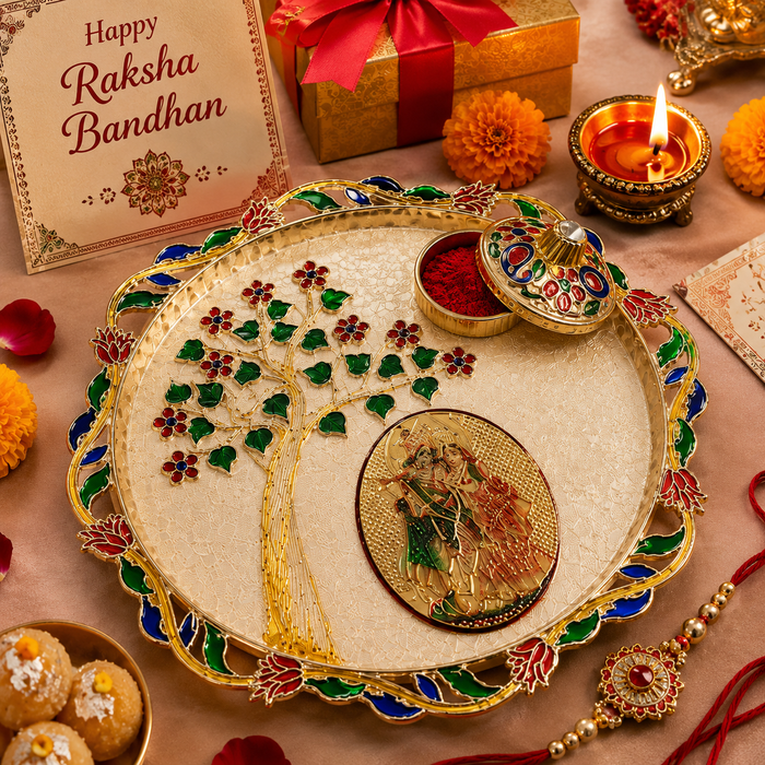 Elegant Plastic Pooja Thali Set with Decorative Kumkum Dabbi | 19 x 19 cm Raksha Bandhan Aarti Thali | Traditional Puja Thali for Rakhi, Ganesh Pooja, Diwali & Daily Worship