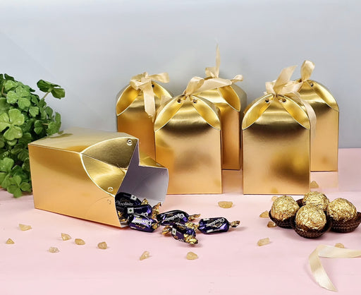 Decorative Folding Storage Box for Return Gift in diwali, Birthday, Boxes with Ribbon, Perfect for Packing Chocolate, Dry Fruits For Christmas Gifting (Golden)
