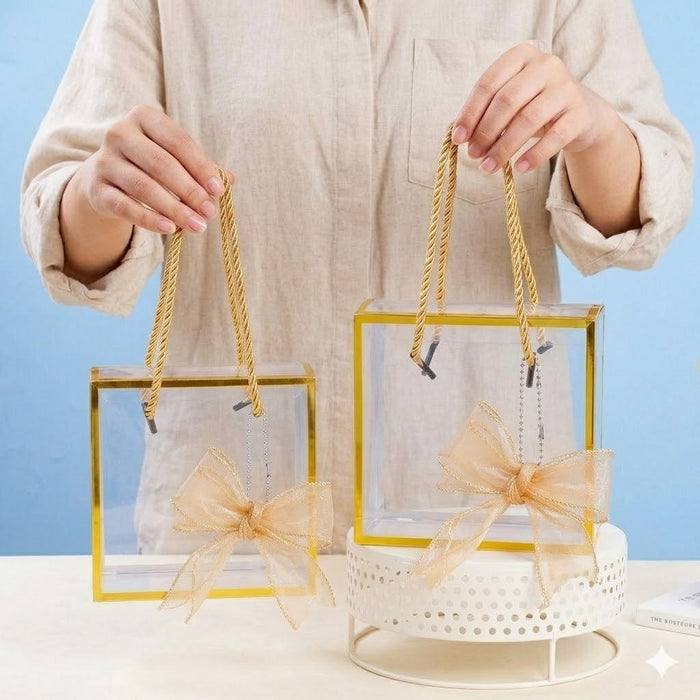 Clear Transparent Gift Box with Frame and Rope Handle for Hampers, Wedding Gifts, Return Gifts, Chocolates, Dry Fruits, Cosmetics, Baby Shower, Festive Gifting & Premium Gift Packaging (20 cm x 21 cm x 9 cm)