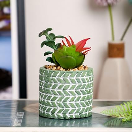 Mini Artificial Green succulent plant With aesthetic Ceramic pot Faux flower Plant to Add Charm to Your Home decor (Green)