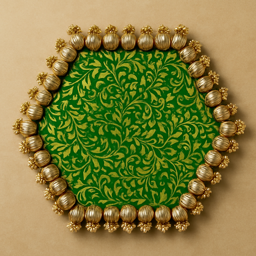 Hexagone Shape Handmade Gota Patti Rakhi Platter, Pooja Thali with jumkhi | Wedding Ring Ceremony Tray, Ganpati Pooja Thali, Mandir, Housewarming, Marriage Gift, Table Decoration, Rakshabhandhan (10 Inch)