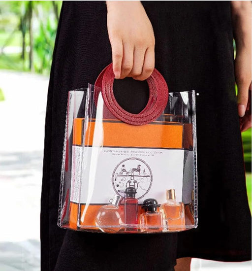 Transparent Bags with round Handle Gift Bag, Carry Bags, Gift Bag, Gift for Birthday, Valentine, Marriage, Festivals, Season's Greetings and Events (Maroon) (Big)(25x 14.5 x 28 cm)