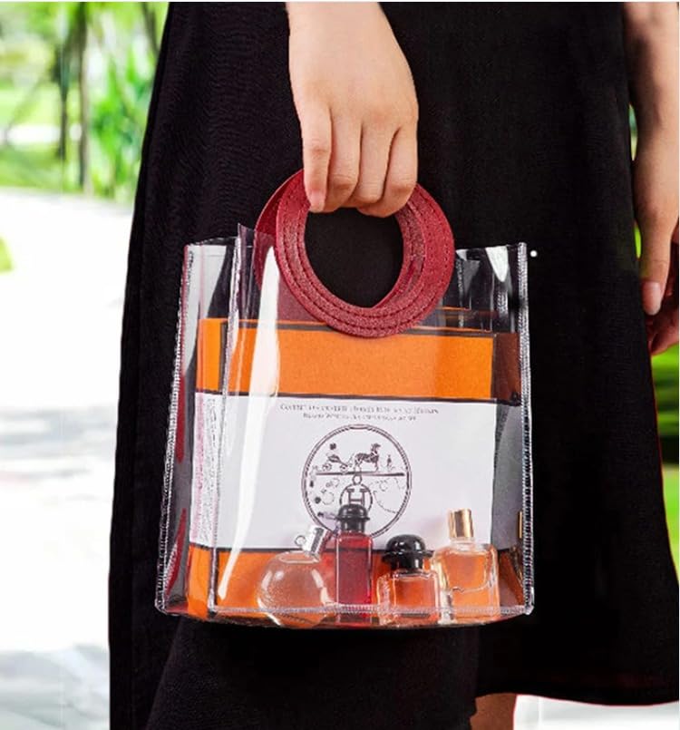 Transparent Bags with round Handle Gift Bag, Carry Bags, Gift Bag, Gift for Birthday, Valentine, Marriage, Festivals, Season's Greetings and Events (Maroon) (Big)(25x 14.5 x 28 cm)
