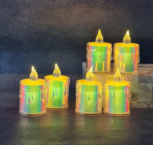 Flameless and Smokeless Decorative Candles Acrylic Led Tea Light Candle Perfect for Home, Birthday, Diwali, Any Occasion Decoration (Transparent) (Rainbow Color) (medium)