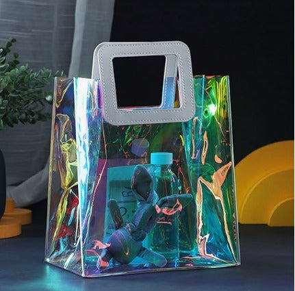 Transparent Bag with Square Handle, Goodie Bags, Clear Gift Bag, Hamper Bag, Carry Bags, Shopping Gift Bag, Gifting, Presents, Return Gifts, Birthday, Festivals, Events, wedding Gifting (Rainbow) (Small) (20 x 18)