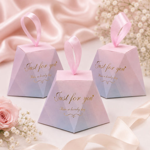 50 Pcs Triangle Gift Box with Satin Ribbon for Return Gifts, Chocolates, Dry Fruits & Wedding Favors
