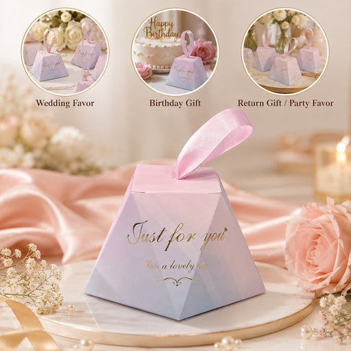50 Pcs Triangle Gift Box with Satin Ribbon for Return Gifts, Chocolates, Dry Fruits & Wedding Favors