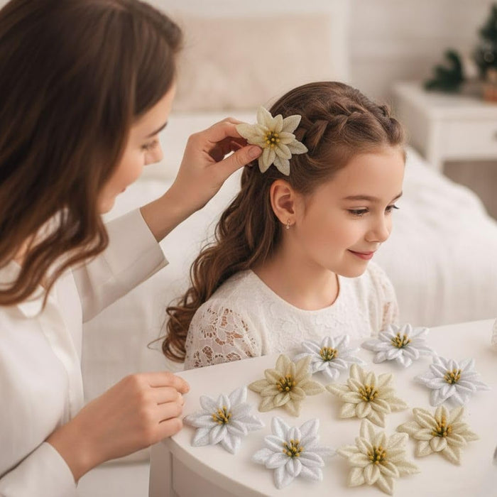 Artificial Christmas Poinsettia Flowers | Fabric Decorative Flowers for Xmas Tree, Home Décor, Christmas, Festival Decoration (Golden & Silver)