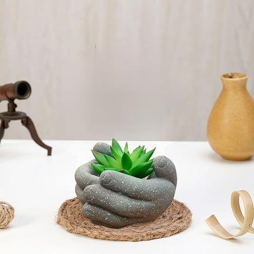 Mini Succulent with Hand Design Ceramic Look Pot for Gifting, Home Corner Decorative, Living Room, Bedroom, Office Desk, Table Decor and Book Shelf Decoration