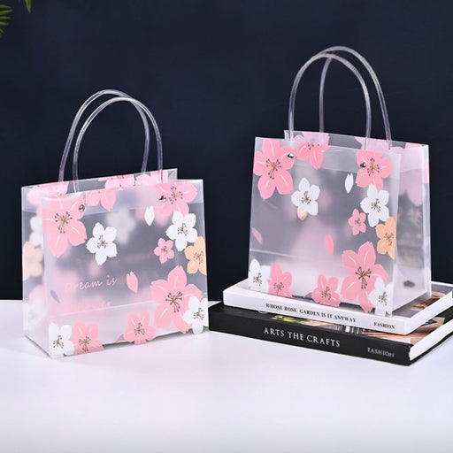 Floral Transparent Gift Bag with Floral Print &  | Gift Bag for Her/Him, hamper bag, Carry Bags, shopping gift bag, Presents, Packing, Wedding Return Gifts, Birthday, Events, Festivals (Pink) (24 cm x 22 cm)