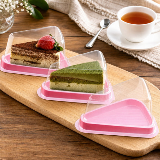 Triangle Pastry Box with Clear Lid & Pink Base for Cake Slice, Pastry, Dessert, Bakery Packing, Birthday Party, Catering & Return Gift Packaging