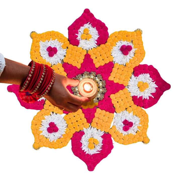 Rajwadi Multi Colour Flower pompom Design Rangoli, Easy to Use. Just Set up with your own choice and make Rangoli for Floor Home Diwali Decoration DIY