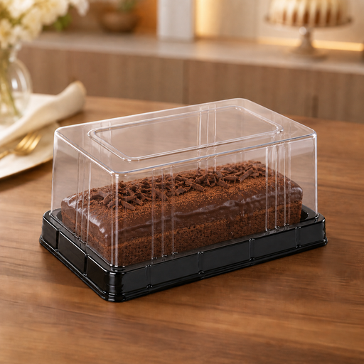 Rectangular Clear Cake Box with Black Base, Transparent Plastic Bakery Packaging Box for Cake, Pastry, Brownie, Dessert, Cookies, Swiss Roll, Chocolates & Food Packing