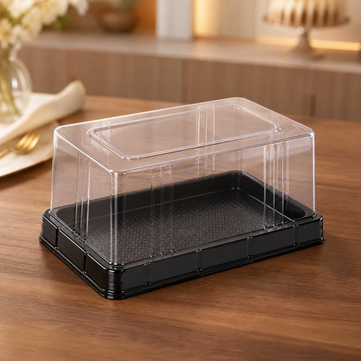 Rectangular Clear Cake Box with Black Base, Transparent Plastic Bakery Packaging Box for Cake, Pastry, Brownie, Dessert, Cookies, Swiss Roll, Chocolates & Food Packing