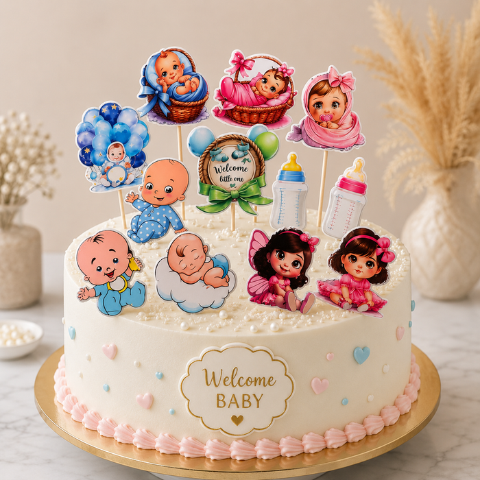 12 Pcs Baby Shower MDF Cutout 5-6 Inch Mix Design Set (Blue & Pink) | Baby Boy & Girl Hamper Decoration | DIY Welcome Baby Party Decor