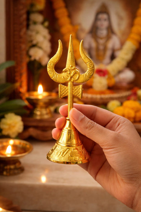 Premium Trishul Design Pooja Bell (Gantdi) – 5.5 Inch | Golden Finish Temple Bell for Pooja, Aarti & Gifting
