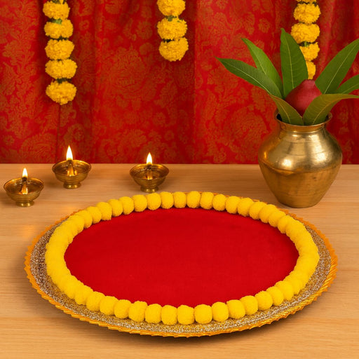Decorative Red Velvet Mat/Rumali Mat with Pom Pom Border & Golden Lace for Ganpati Decoration, Durga Pooja Setup for Home, Decoration Item, Pooja, Mandir and Festival Decor