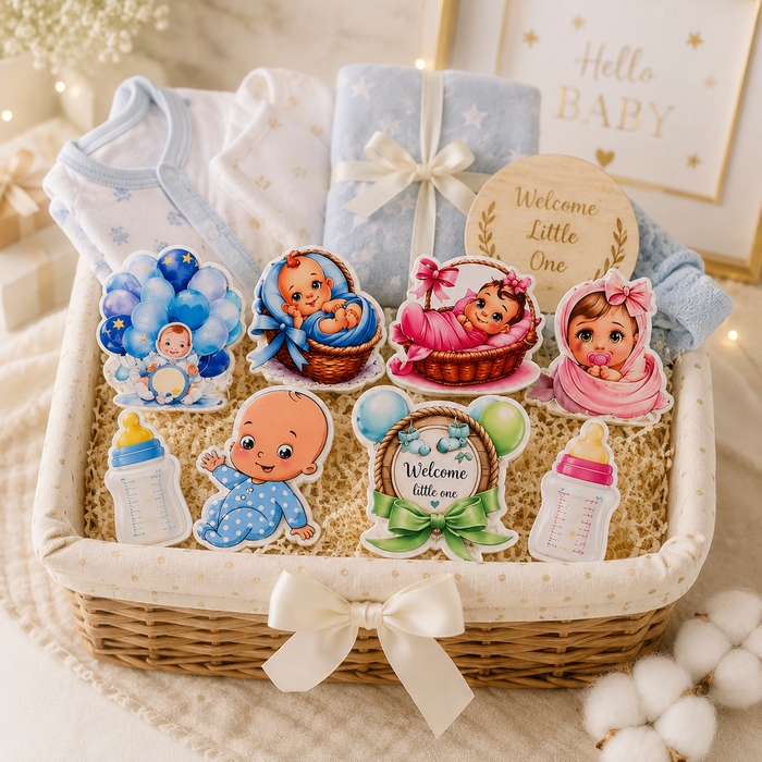 12 Pcs Baby Shower MDF Cutout 5-6 Inch Mix Design Set (Blue & Pink) | Baby Boy & Girl Hamper Decoration | DIY Welcome Baby Party Decor