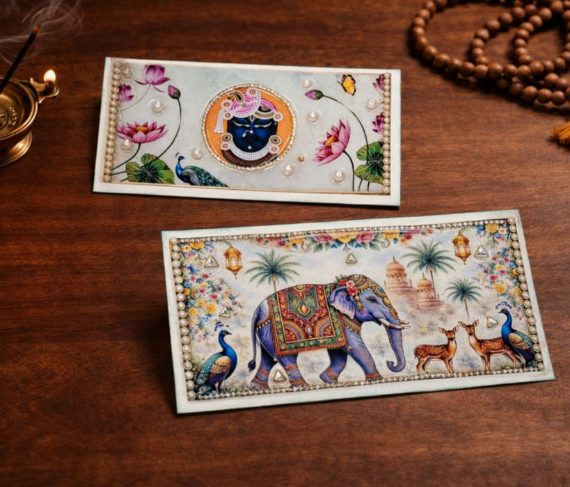 2 PCS Premium Decorative Resin Envelope/Money envelope with Krishna/shreensthji  & Elephant Design –  & Rakhi Money Envelope Wedding Shagun Cash Gift Envelope (7.5×4 Inch)