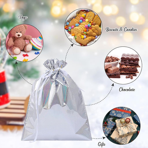 Big Size Geletin Shiny foil Paper Drawstring stylish Storage Potli pouches for Christmas Gifting, Small Jewelries, Money, Paper Notes Women Wallet, Gift Bags, return gift, Women handbag Shagun Pouch, Candy Bags. (Silver)