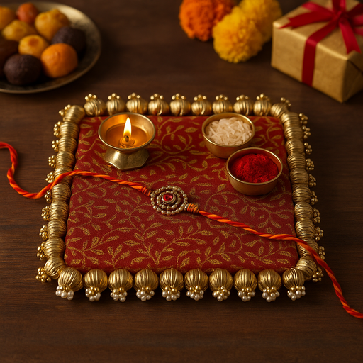 Square Shape Handmade Gota Patti Rakhi Platter, Pooja Thali with White Jumkhi Moti | Wedding Ring Ceremony Tray, Ganpati Pooja Thali, Mandir, Housewarming, Marriage Gift, Table Decoration, Rakshabhandhan (8 Inch)