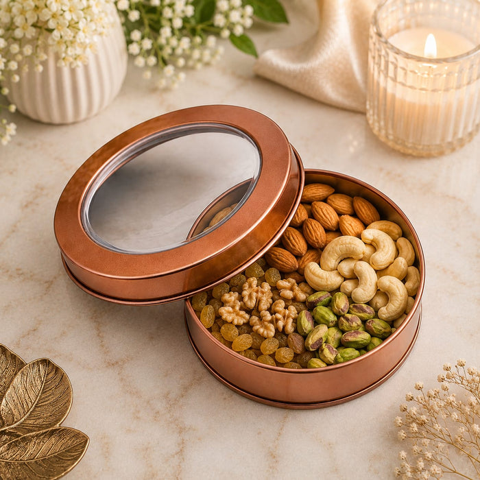 Round Metal Tin Box with Transparent Window Lid | 3.9 × 1.5 Inch | Gift, Rakhi, Cookies, Chocolates & Dry Fruit Packaging