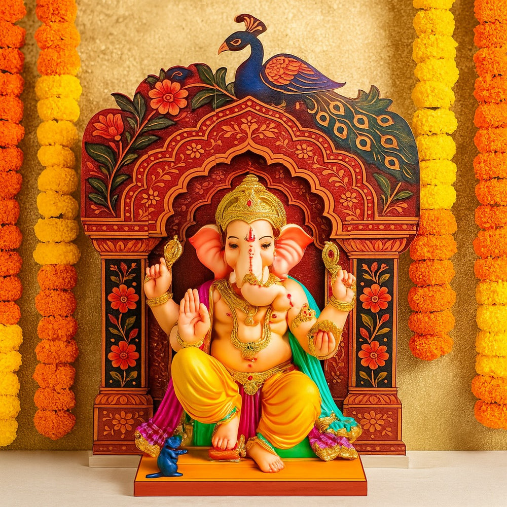 3D Look Foldable Wooden Mandap Backdrop | Peacock & Floral Design | Ganesh Chaturthi, Janmashtami, Durga Pujo, Navratri & Diwali Home Temple Decor
