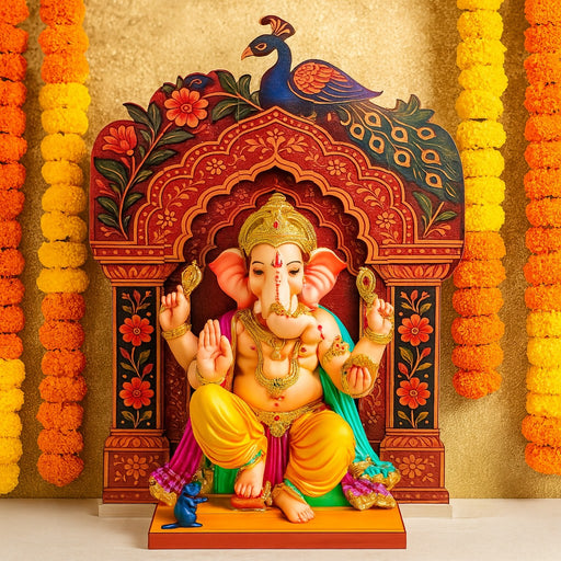 3D Look Foldable Wooden Mandap Backdrop | Peacock & Floral Design | Ganesh Chaturthi, Janmashtami, Durga Pujo, Navratri & Diwali Home Temple Decor