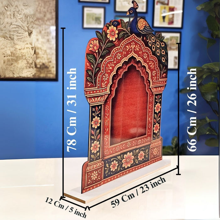 3D Look Foldable Wooden Mandap Backdrop | Peacock & Floral Design | Ganesh Chaturthi, Janmashtami, Durga Pujo, Navratri & Diwali Home Temple Decor