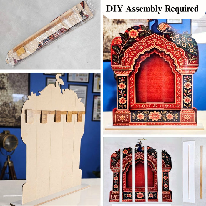 3D Look Foldable Wooden Mandap Backdrop | Peacock & Floral Design | Ganesh Chaturthi, Janmashtami, Durga Pujo, Navratri & Diwali Home Temple Decor