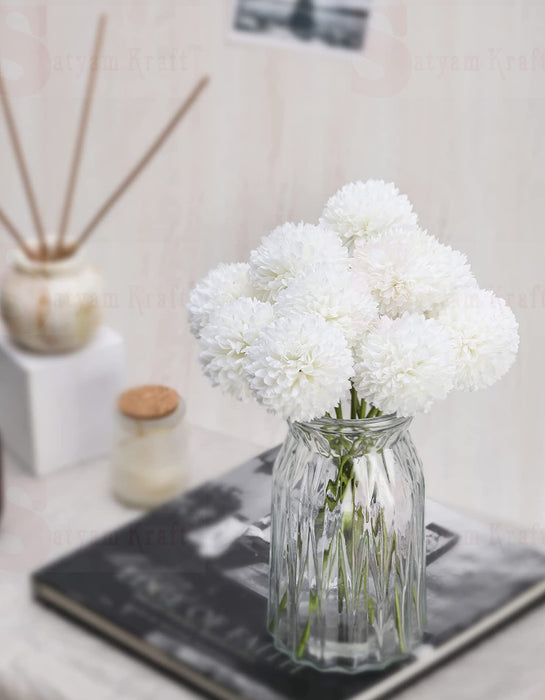 Artificial Chrysanthemum Ball Hydrangea Flower Stick for Home, Office, Bedroom, Balcony, Living Room Decoration and Craft - (Pack of 10) (Without Vase Pot)
