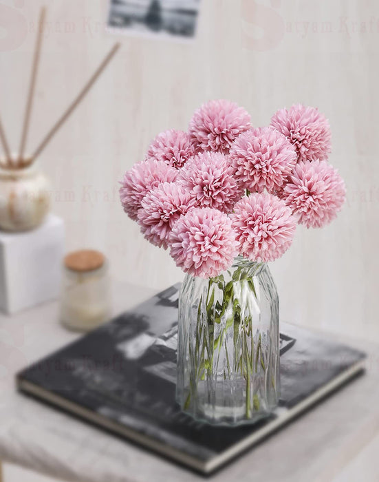 Artificial Chrysanthemum Ball Hydrangea Flower Stick for Home, Office, Bedroom, Balcony, Living Room Decoration and Craft - (Pack of 10) (Without Vase Pot)